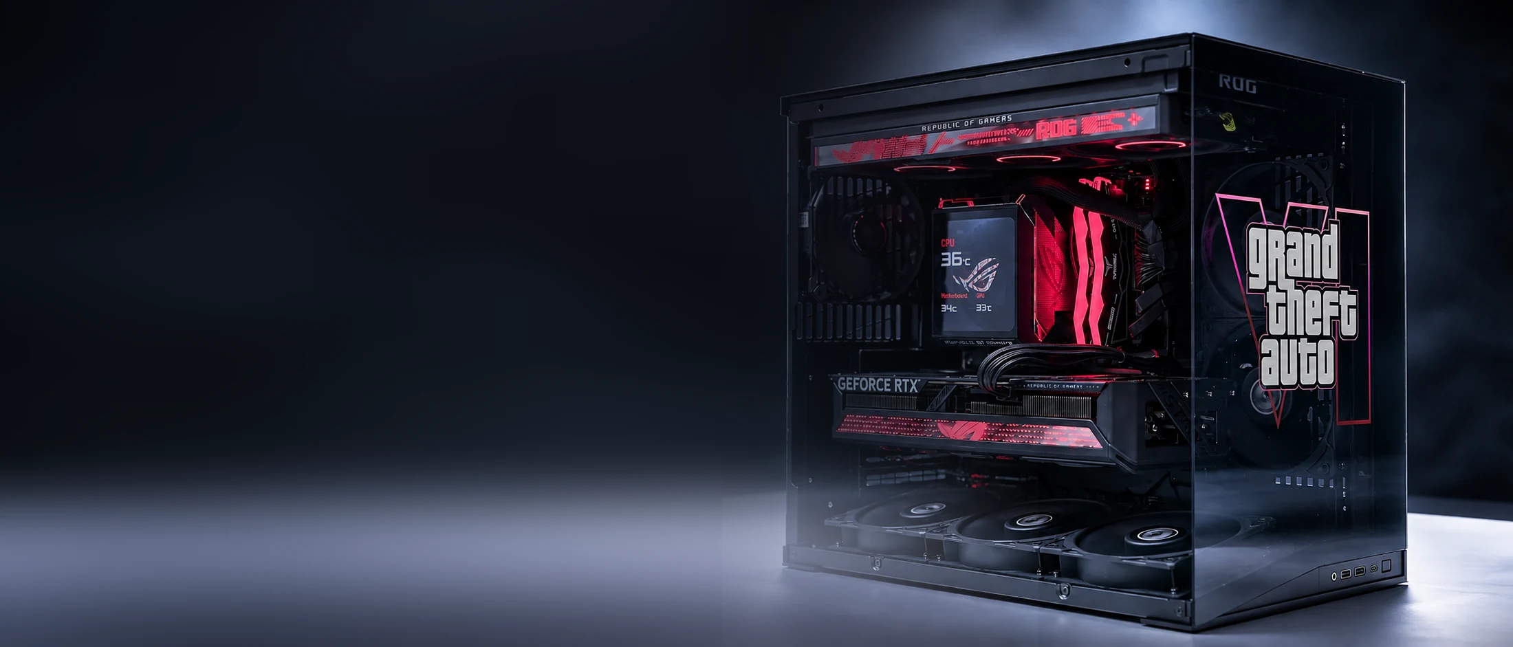 Игровой ПК ISELLPOWER в чёрном корпусе с красной подсветкой